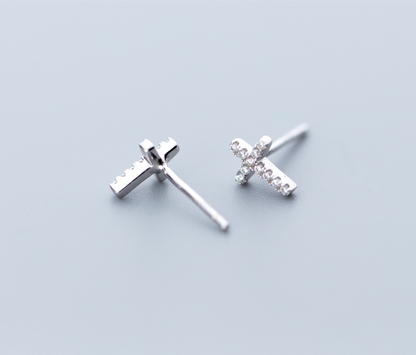 S925 Silver Minimalist Cross Stud Earrings with Diamonds