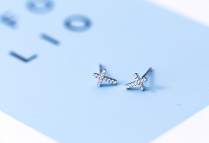 S925 Silver Minimalist Cross Stud Earrings with Diamonds