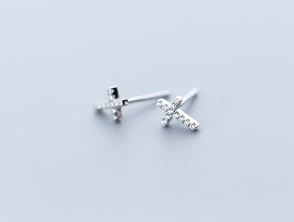 S925 Silver Minimalist Cross Stud Earrings with Diamonds